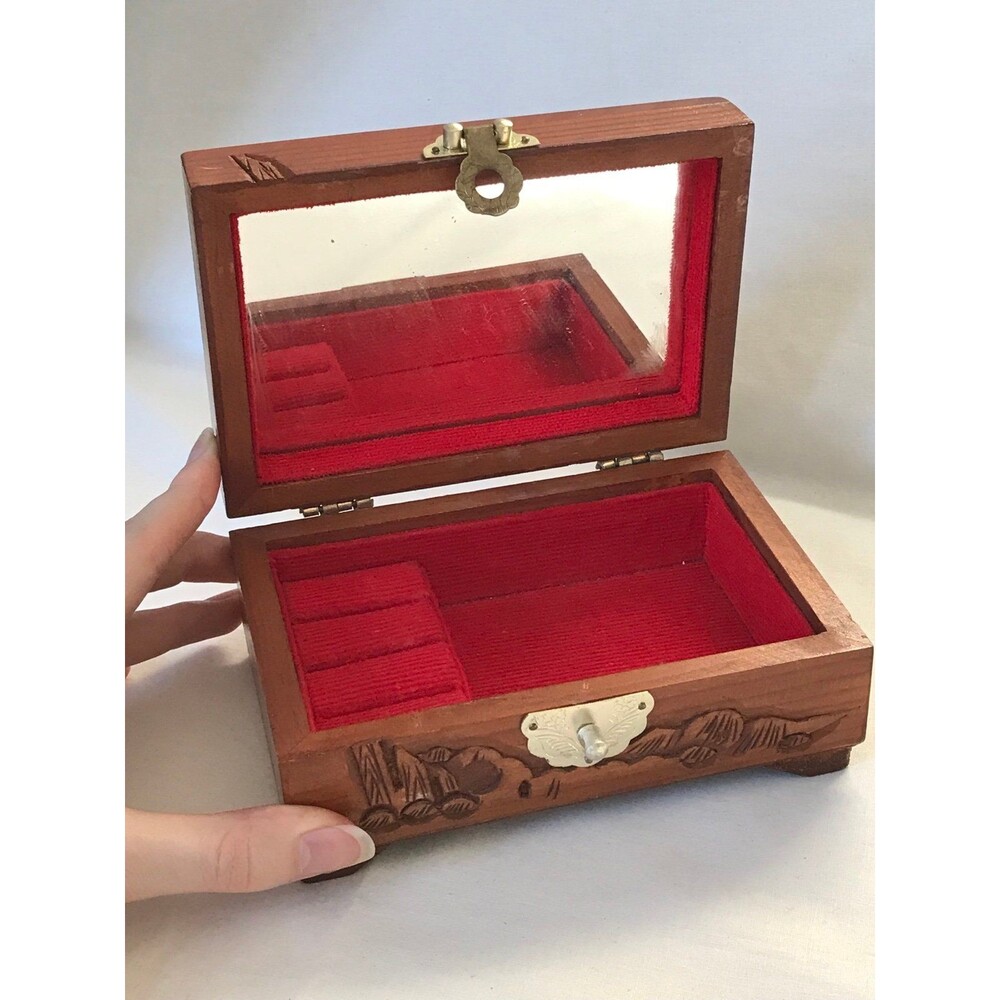 Wooden Jewelry Box with Carved Sailboat boat beach ocean trinket collectible - Picture 9 of 9